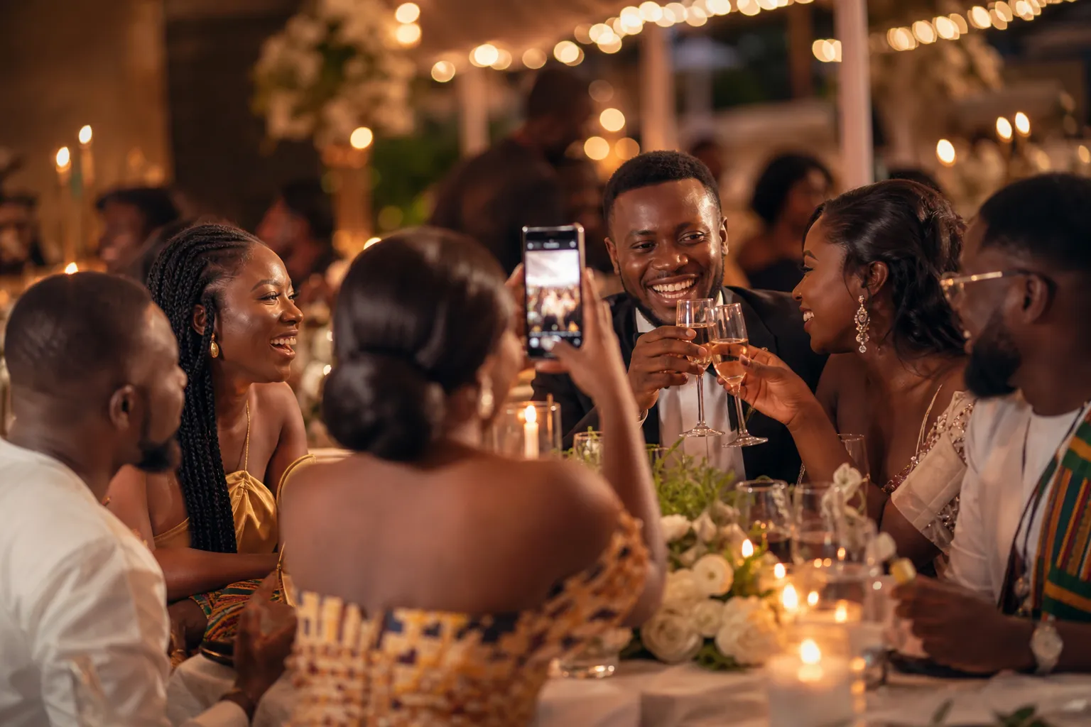 Ghanaian guests laughing and taking photos at a warm evening celebration